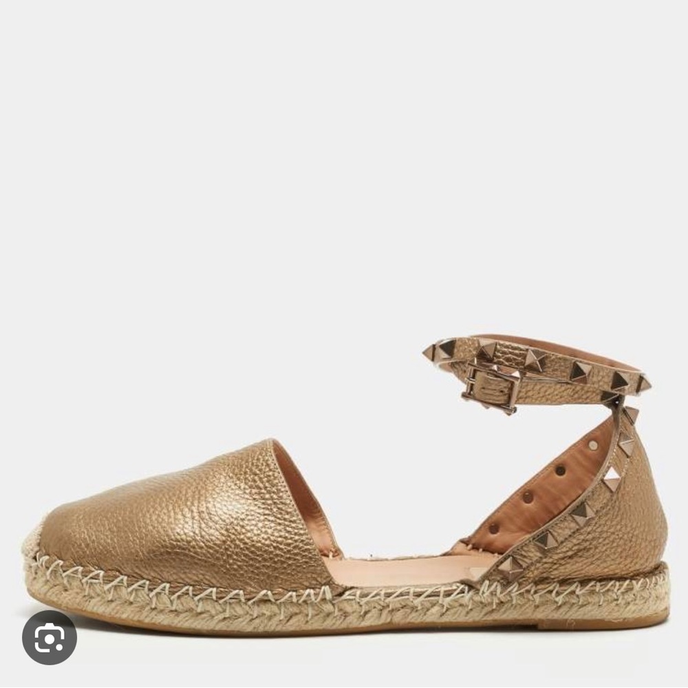 Valentino Metallic Brown Leather Rockstud Ankle Wrap Espadrille Flat Sandal